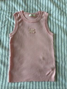 Celine Light Pink Ribbed Tank with Logo Patch